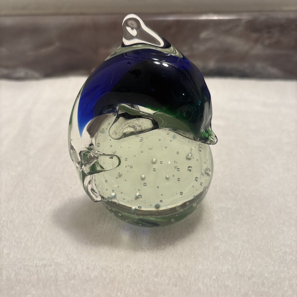 Hand Blown Glass Dolphin Paperweight Blue Green Art Decorative 4.5"